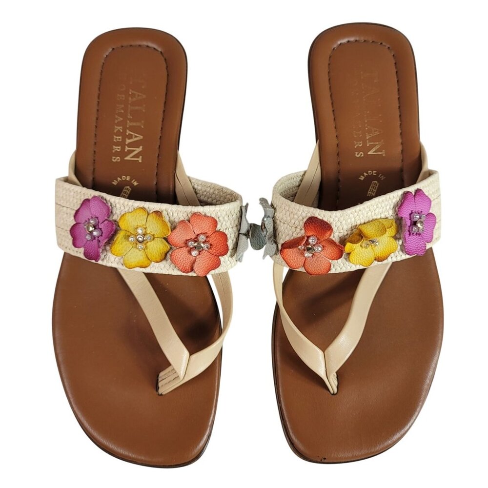 Italian Shoemakers Floral Sandals Tan Brown Size 6 Thong Rhinestone Slip On